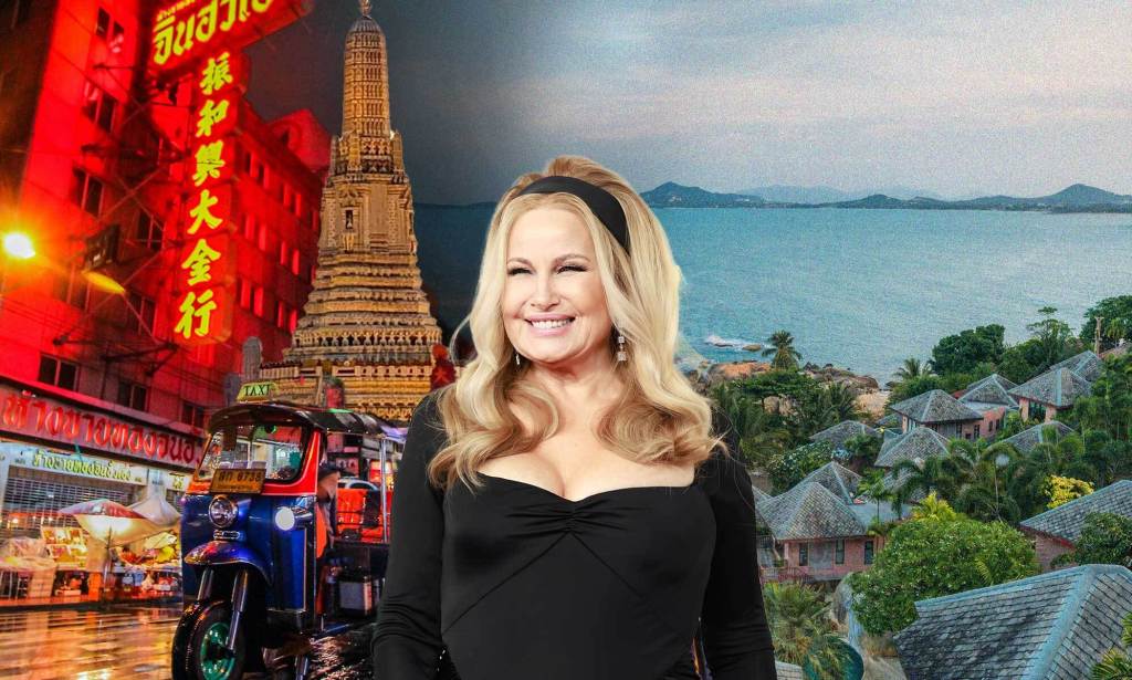 Jennifer Coolidge against a backdrop of locations in Thailand.