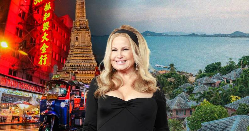 Jennifer Coolidge against a backdrop of locations in Thailand.