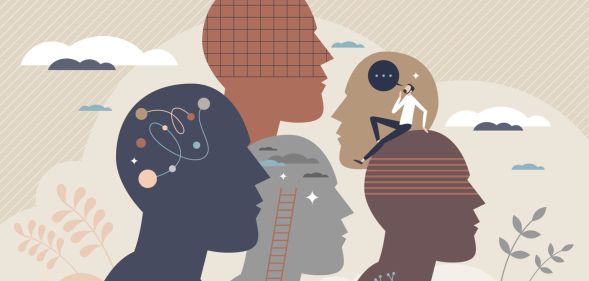 This is an illustration representing neurodiversities. There are 5 silhouettes. A grey one with dots, a brown one with a grid, a light grey one with a ladder, a tan one with a person in side it and a dark brown one with another grid.