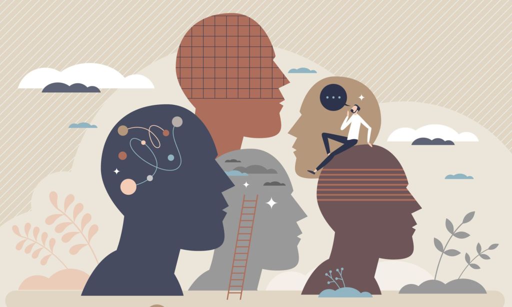 This is an illustration representing neurodiversities. There are 5 silhouettes. A grey one with dots, a brown one with a grid, a light grey one with a ladder, a tan one with a person in side it and a dark brown one with another grid.