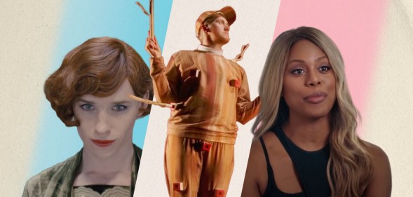 Collage of Eddie Redmayne in the Danish Girl, Ivor MacAskill as a trans Pinocchio and Laverne Cox