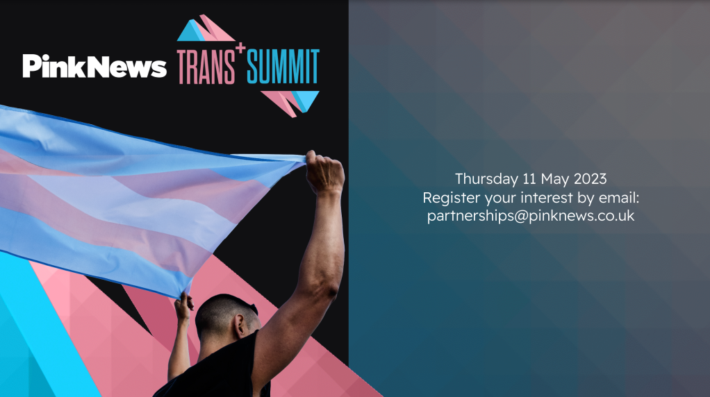 PinkNews Trans+ Summit logo above a person holding a trans Pride flag