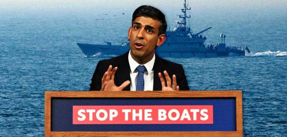 Prime minister Rishi Sunak stood behind a podium which reads 'stop the boats'