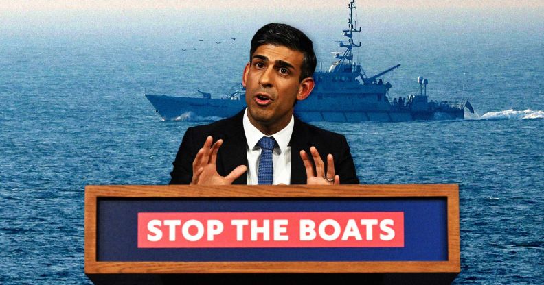 Prime minister Rishi Sunak stood behind a podium which reads 'stop the boats'