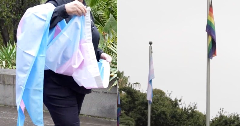 Composite image shows trans flag being hung alongside the LGBTQ+ flag in Victoria, Australia
