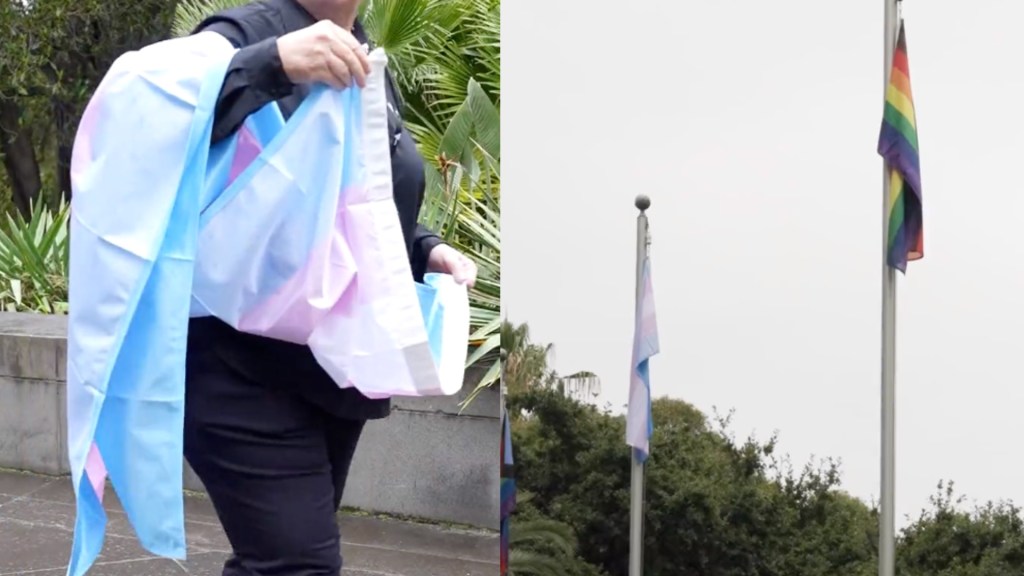 Composite image shows trans flag being hung alongside the LGBTQ+ flag in Victoria, Australia