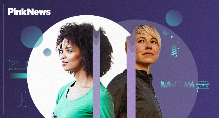 Two women back to back on a purple background, one in a green shirt and the other in a black jacket.