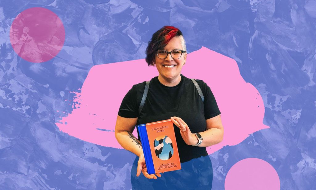 A photo illustration of Non-binary author and advocate Amanda Jetté Knox holding up their book and smiling in joy