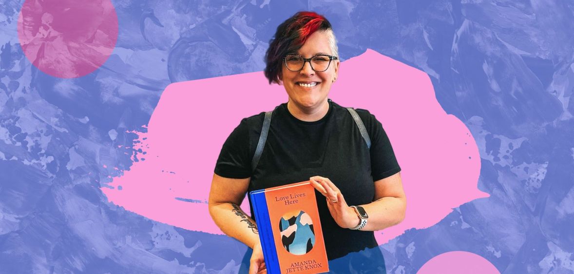 A photo illustration of Non-binary author and advocate Amanda Jetté Knox holding up their book and smiling in joy