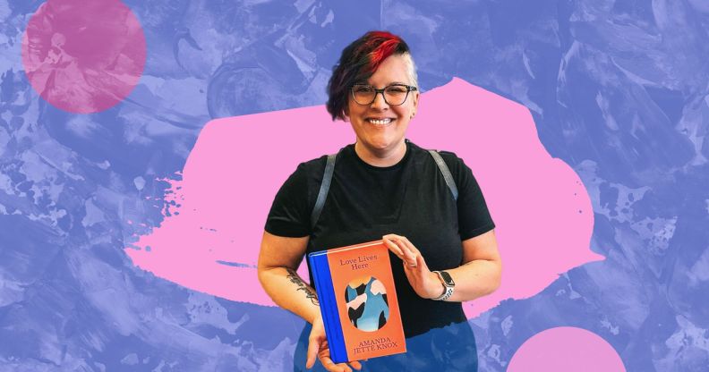 A photo illustration of author and advocate Rowan Jetté Knox holding up their book and smiling in joy