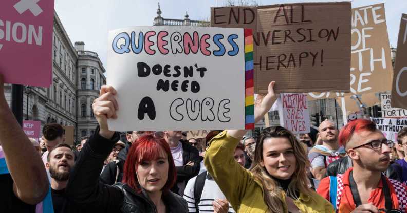 Potesters calling for a ban on conversion therapy, one sign reads 'queerness does not need a cure'