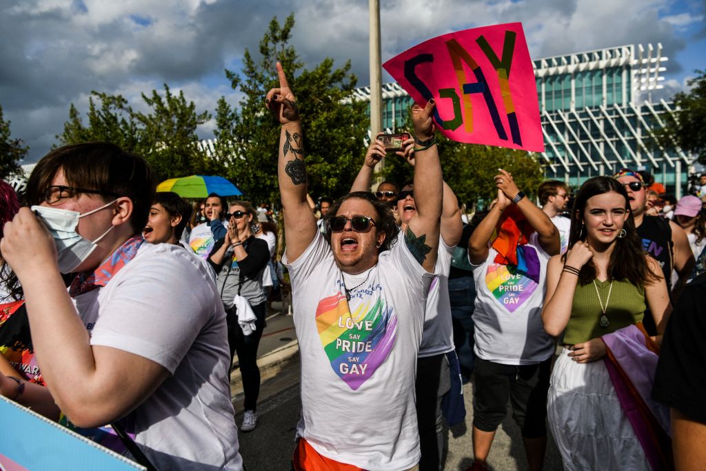 Members and supporters of the LGBTQ community attend the "Say Gay Anyway" rally in Miami Beach, Florida on March 13, 2022. 
