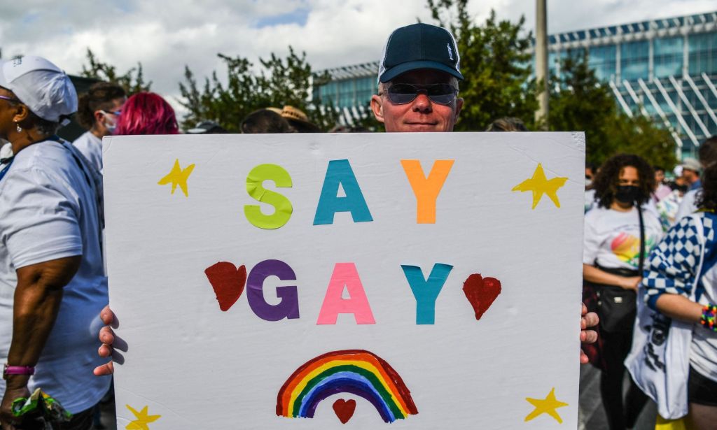 A protester holding a "Say Gay" sign at a protest against Florida's Don't Say Gay bill.