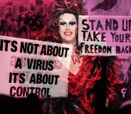 Drag queen Aida H Dee superimposed over protest signs against COVID