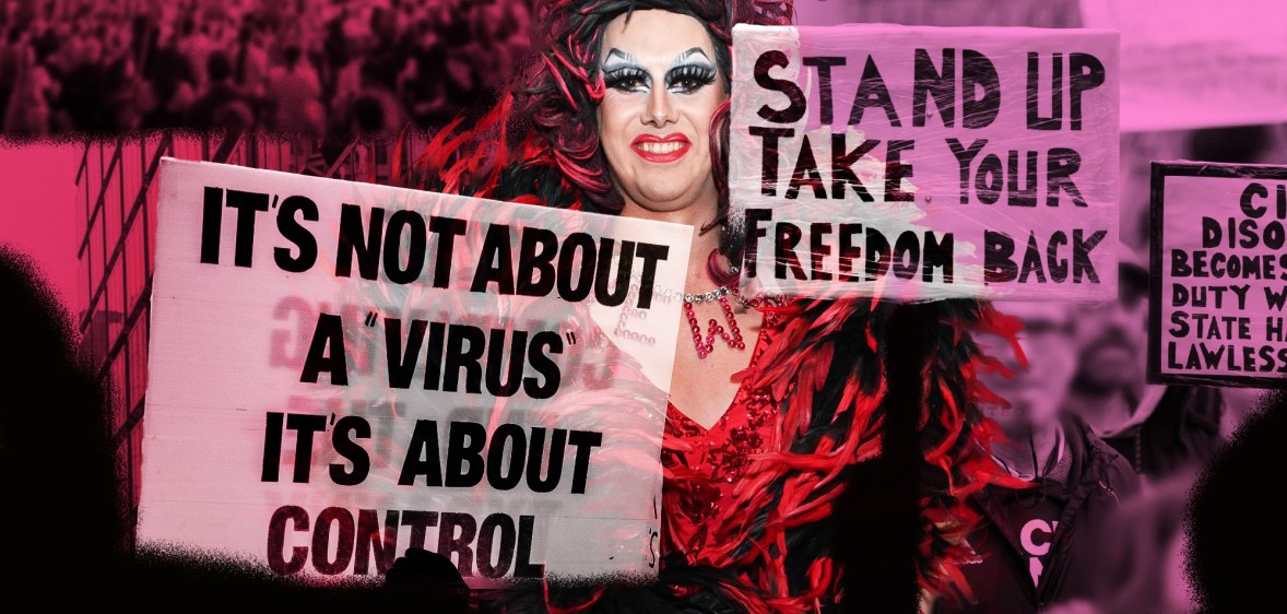 Drag queen Aida H Dee superimposed over protest signs against COVID