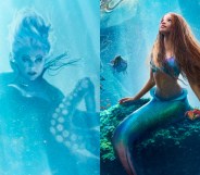 Ursula, a sea witch with tentacles, and Ariel, a mermaid sitting on a rock under the sea