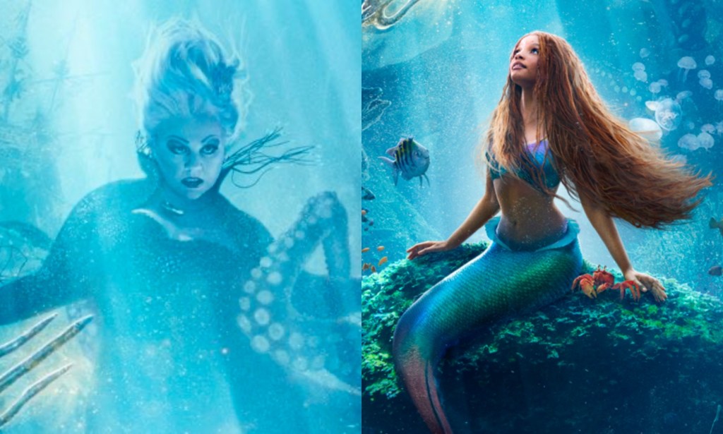 Ursula, a sea witch with tentacles, and Ariel, a mermaid sitting on a rock under the sea