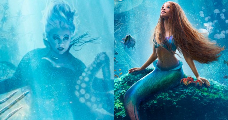 Ursula, a sea witch with tentacles, and Ariel, a mermaid sitting on a rock under the sea