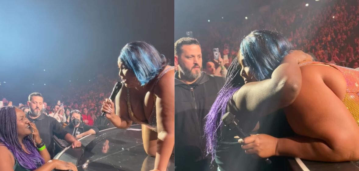 Side by side images of Lizzo talking to and hugging an emotional fan during a concert in Italy