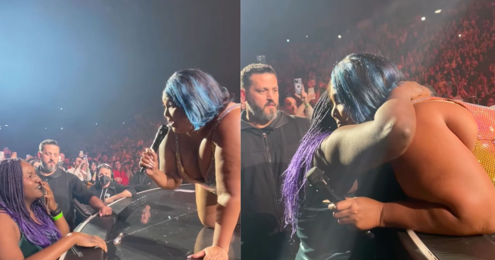 Side by side images of Lizzo talking and hugging an emotional fan during a concert in Italy