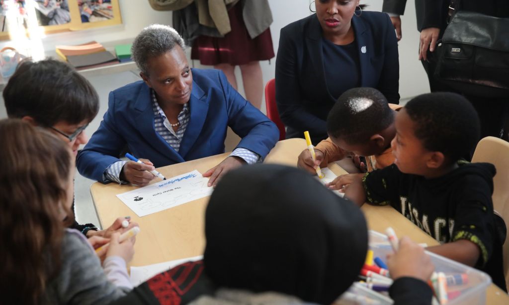 Chicago mayor Lori Lightfoot visits and draws with children affected by the teachers' strike