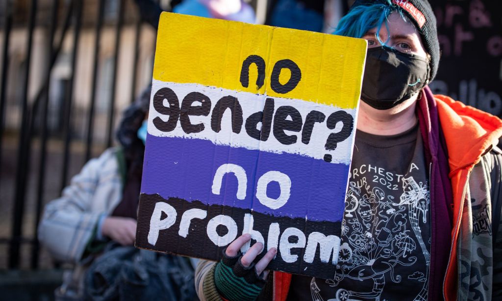 A person holds up a sign in the colours of the non-binary flag (yellow, white, purple and black) with the words "No gender? No problem"