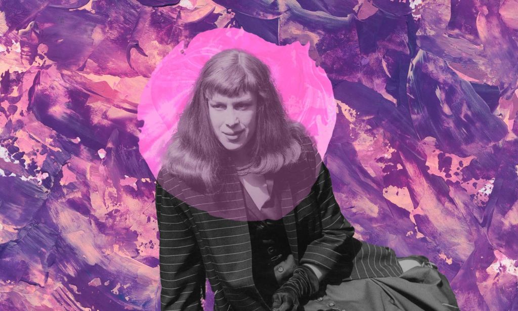 A photo illustration composed of British trans woman Roberta Cowell posed on her side with pink and purple graphics