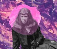 A photo illustration composed of British trans woman Roberta Cowell posed on her side with pink and purple graphics