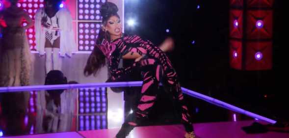 Anetra lipsyncing for her life in season 15, episode 11 of Ru Paul's Drag Race.