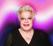 Trans comedian Suzy Eddie Izzard against a colourful backdrop