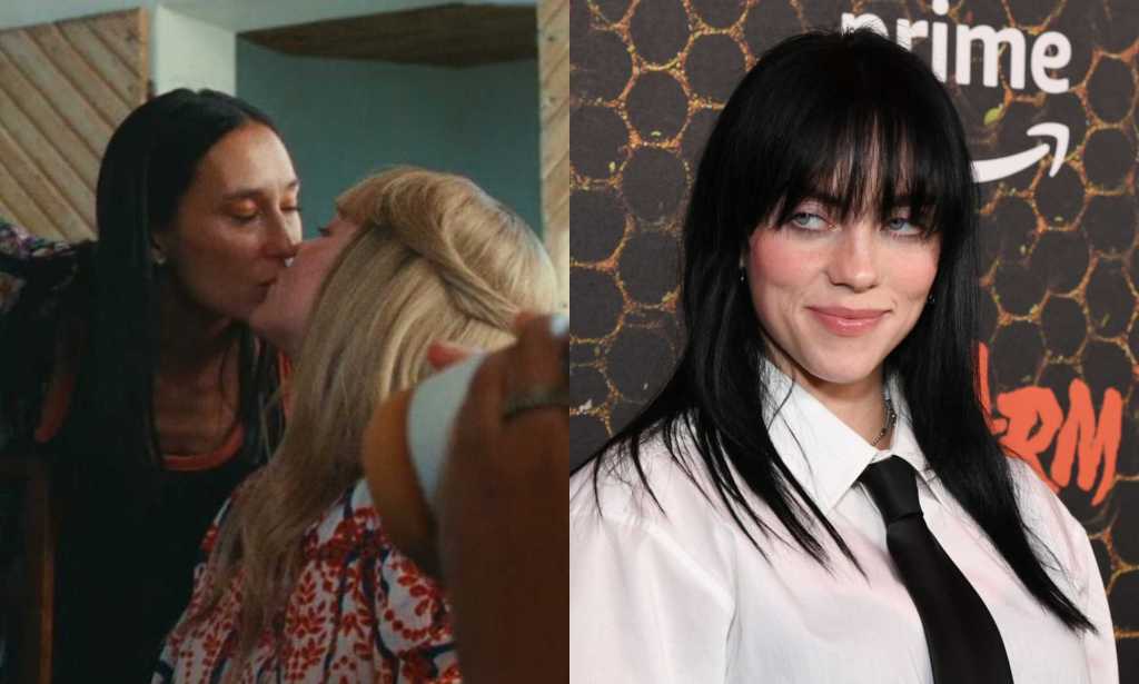 Two photos: Billie with blonde hair, kissing a woman at a dinner table, and Billie with dark hair wearing a white shirt and black tie smiling
