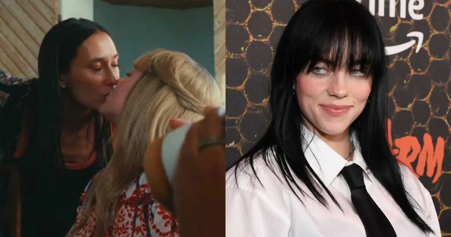 Two photos: Billie with blonde hair, kissing a woman at a dinner table, and Billie with dark hair wearing a white shirt and black tie smiling