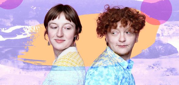 In this photo illustration of trans allyship, two people stand back to back with purple, pink, yellow and white texture around them.