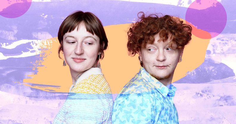 In this photo illustration of trans allyship, two people stand back to back with purple, pink, yellow and white texture around them.