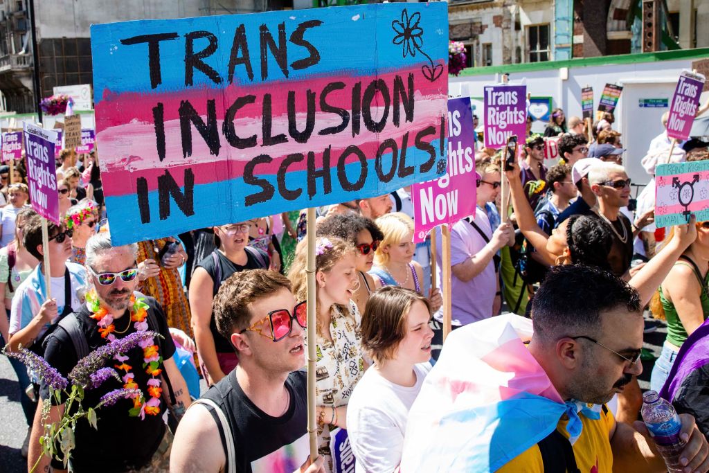 A crowd of people marching with a large trans flag with the words trans inclusion in schools