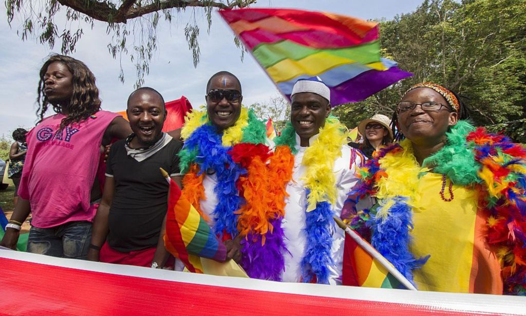 Members of Uganda's LGBTQ+ community take part in a demonstration.