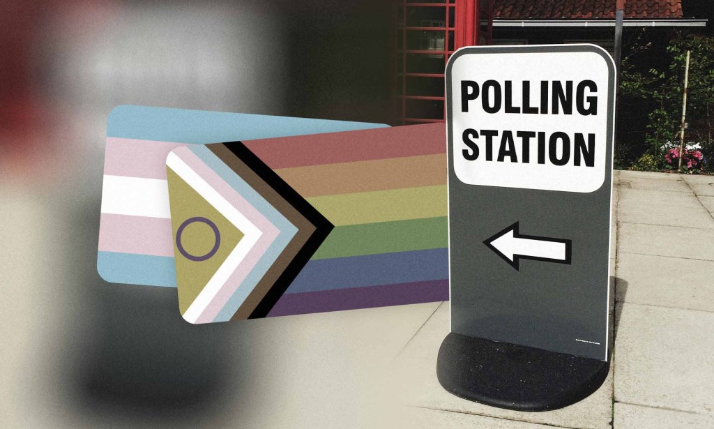 A polling station sign with the trans and Pride flags
