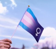 A flag combining the trans colours and the woman symbol flying in the air.