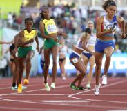 A group of women taking part in a World Athletics race.
