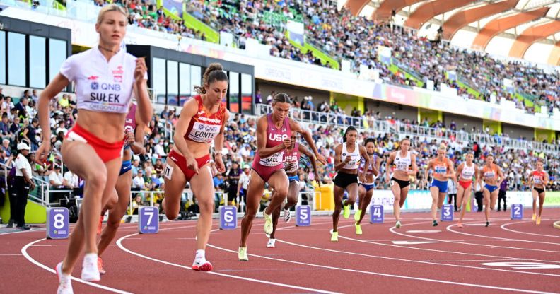 Athletes compete in the Women's Heptathlon 800m on day four of the World Athletics Championships.