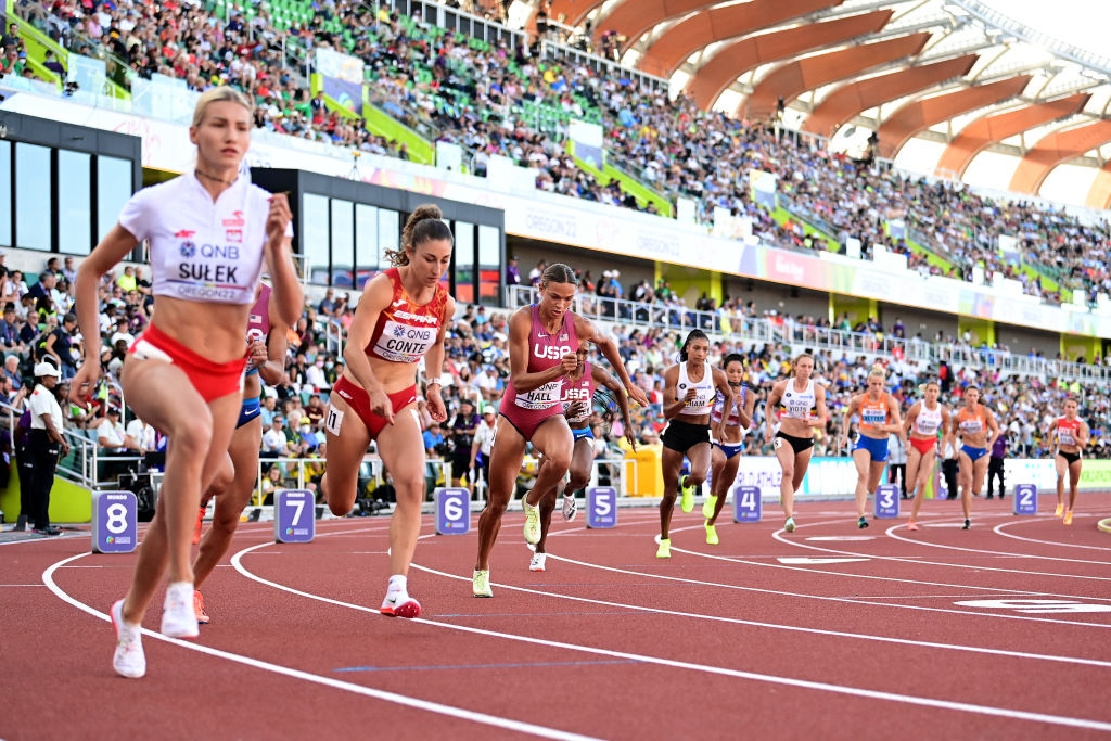 Athletes compete in the Women's Heptathlon 800m on day four of the World Athletics Championships.