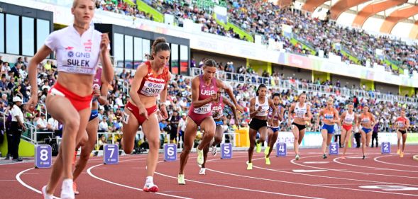 Athletes compete in the Women's Heptathlon 800m on day four of the World Athletics Championships.