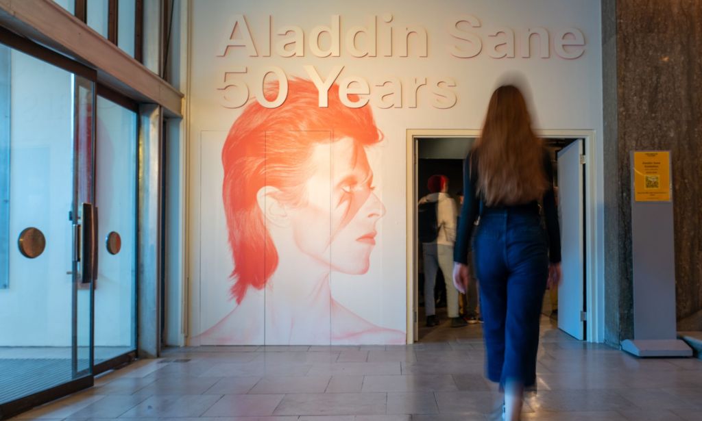 David Bowie in signature Aladdin Sane make-up on the wall at London's Southbank Centre.