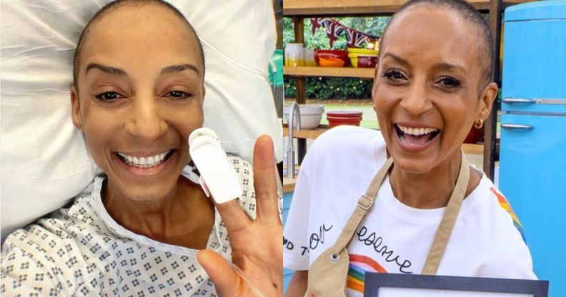 Adele Roberts (left) in hospital while undergoing treatment for bowel cancer and (right) on Celebrity Bake Off for Stand Up To Cancer