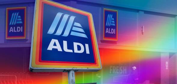 An Aldi sign and shop with LGBTQ rainbow Pride colours superimposed on top