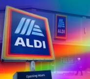 An Aldi sign and shop with LGBTQ rainbow Pride colours superimposed on top