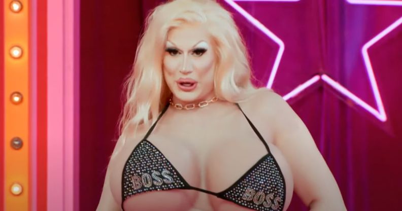 Jimbo in their nude bodysuit for their All Stars 8 Drag Race entrance look.