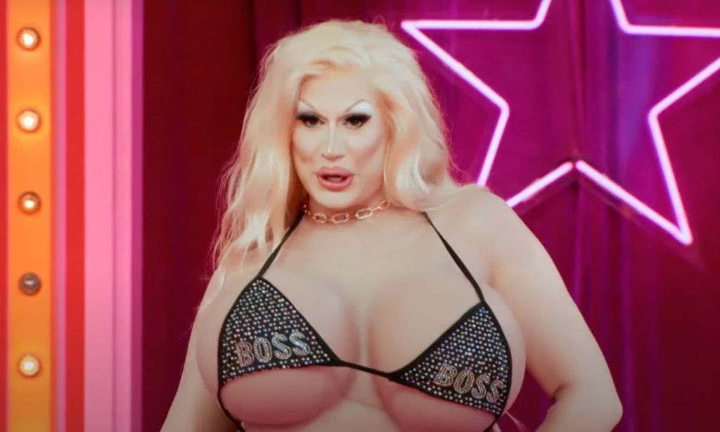 Jimbo in their nude bodysuit for their All Stars 8 Drag Race entrance look.