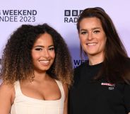 Love Island winner Amber Gill and Scottish footballer Jen Beattie pose for cameras at BBC Radio One Big Weekend.
