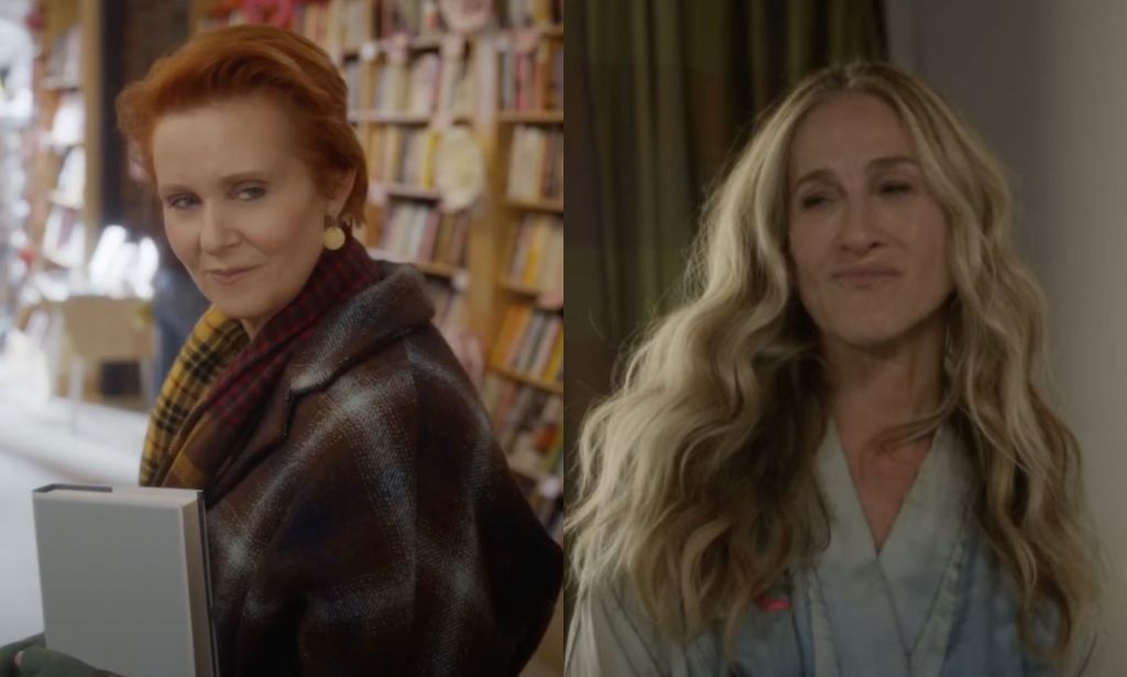 Miranda and Carrie in screenshots from the And Just Like That season two trailer.